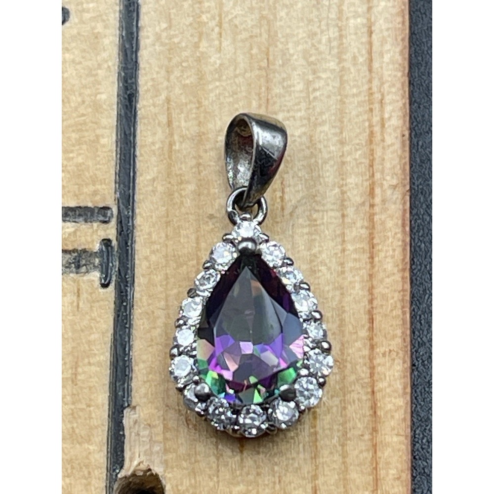 925 Sterling Silver Teardrop Pendant Rainbow Mystic Topaz CZ Halo